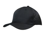 A black sports cap featuring tear drop perforations and a logo on the side.
