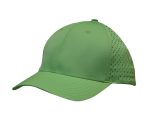 A green sports cap with tear drop perforations and a solid visor. It features a logo.