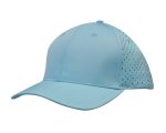 A light blue cap featuring tear drop perforations and a curved brim, with a logo on the side.