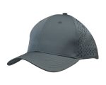 A grey sports cap featuring tear drop perforations and a curved brim. Includes a logo on the front.