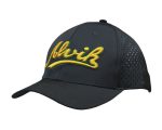 A cap featuring a perforated design, predominantly black with a yellow embroidered logo.