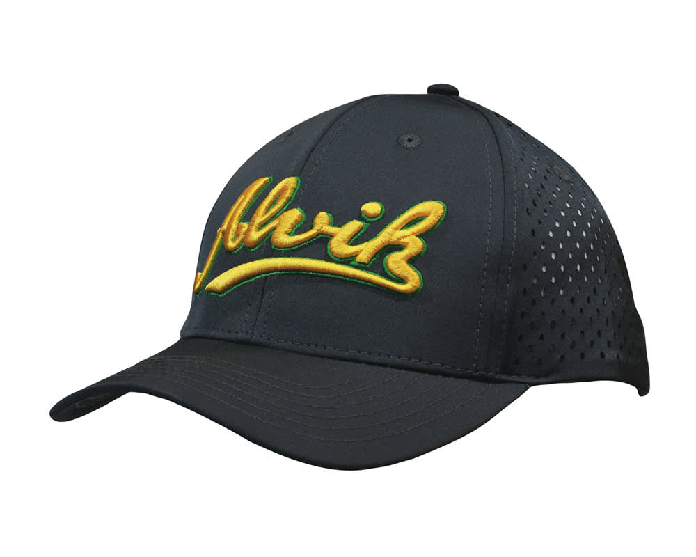 A cap featuring a perforated design, predominantly black with a yellow embroidered logo. A cap featuring a perforated design, predominantly black with a yellow embroidered logo.