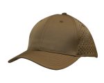 A brown cap with tear drop perforations on the side and a curved peak, featuring a logo.