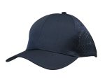 A navy blue cap with tear drop perforations on the sides and a curved brim. It includes a logo on the front.