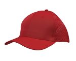 A red sports cap featuring tear drop perforations on the sides and a curved brim. It has a logo.