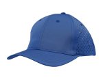 A blue cap with a perforated design on the side and a curved brim. It features a logo on the front.