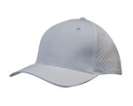 A white sports cap featuring perforated detailing on the sides and a slightly curved brim. It has a logo on the front.