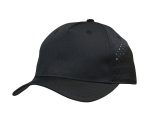 A black sports cap featuring tear drop perforations and a logo on the side.