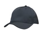 A grey sports cap with tear drop perforations and a logo on the side.