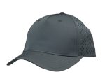 A grey cap with tear drop perforations on the sides and a curved brim. It features a branding logo.