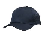 A navy blue cap with tear drop perforations and a curved brim, featuring a logo on the front.