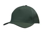 A green sports cap featuring tear drop perforations and a rounded brim. It has a logo on the side.