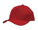 A red cap featuring perforated panels for breathability and a solid front design. It includes a logo.