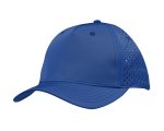 A blue sports cap featuring tear drop perforations and a curved brim. It has a logo on the side.