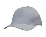 A white sports cap featuring tear drop perforations on the sides and a logo on the front.
