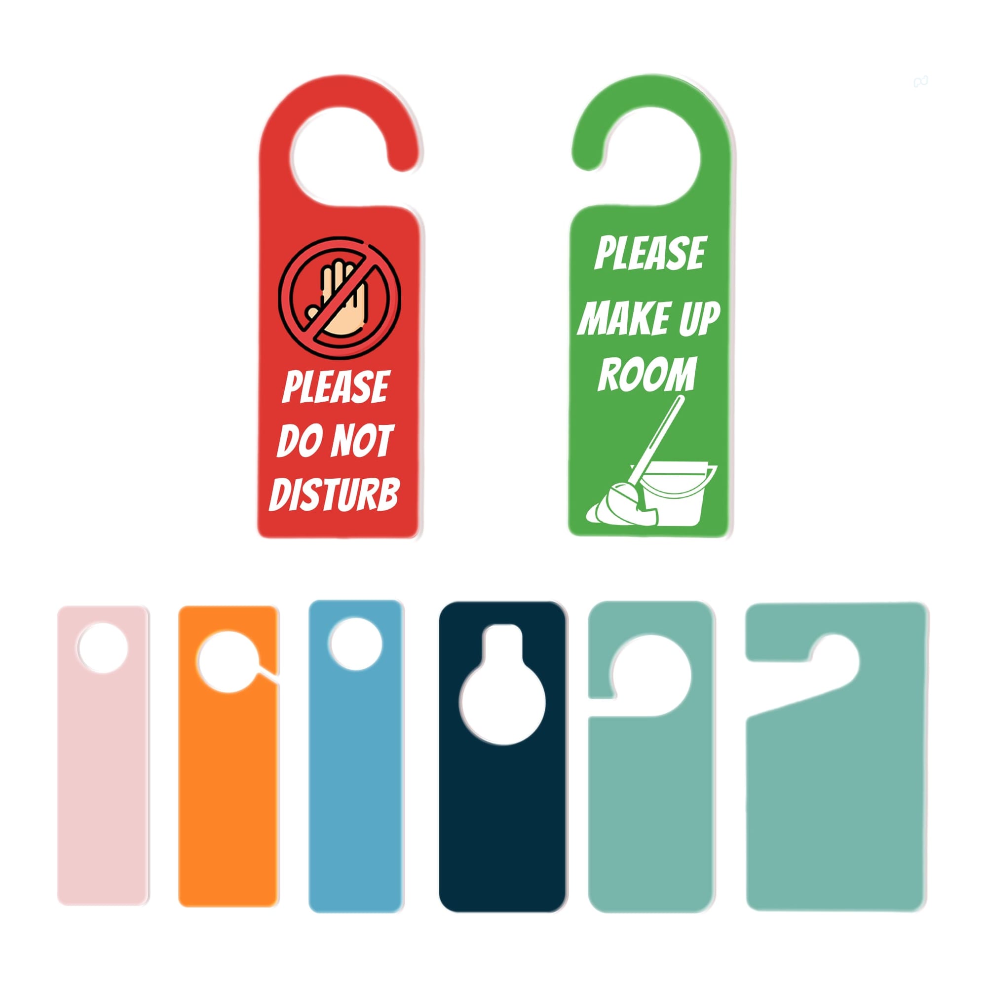 A collection of custom shape acrylic door hangers in various colours, featuring different designs and a logo. Custom Shape Acrylic Door Hanger - Image 1
