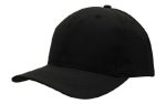 A black cap with a structured design, featuring a curved brim and a logo on the front.