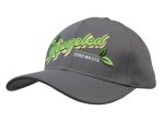 A grey cap with a curved brim and a logo featuring green text and leaf details.
