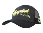 A black cap with a breathable mesh back featuring green embroidered elements and a logo.