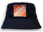 A navy blue bucket hat featuring a square logo on the front. The hat is made from breathable poly twill material.