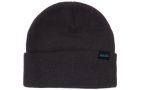 A dark grey beanie with a folded cuff and a small logo. Made from recycled materials.