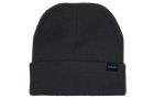 A grey recycled roll-up beanie with a logo tag on the side. Soft, textured fabric.