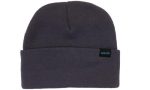 A dark grey beanie featuring a foldable cuff and a small branding label.