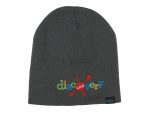 A grey beanie featuring a multicoloured embroidered logo and a small branding tag.