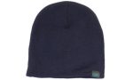 A navy beanie with a rolled-down edge and a small branded tag. Perfect for colder weather.