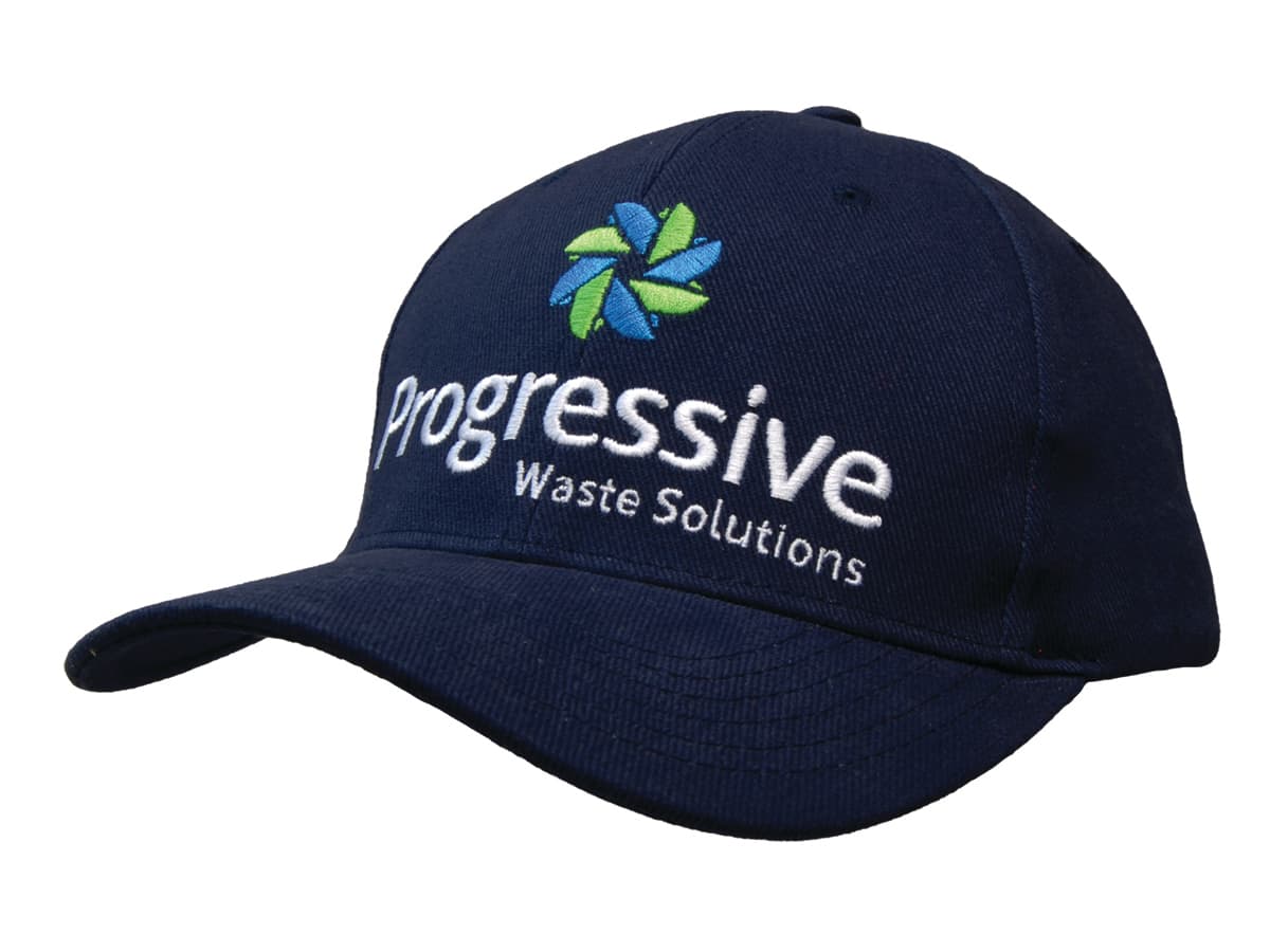 A navy blue organic brushed heavy cotton cap with an embroidered logo on the front. A navy blue organic brushed heavy cotton cap with an embroidered logo on the front.