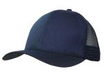 A navy blue cap made of organic brushed heavy cotton with a mesh back. It features a branding logo.