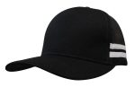A black deep fit trucker cap with mesh sides and white stripes, featuring a logo on the front.