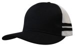 A black and white trucker cap featuring stripes, with a deep fit and mesh panels. It has a logo on it.