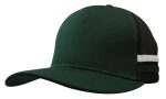 A green and black trucker cap with stripes and a logo on the front, featuring a deep fit design.