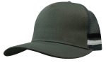 A deep fit trucker cap in olive green with a mesh back and striped detailing on the side. It features a logo.