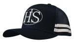 A navy trucker cap featuring a mesh back, stripes on the side, and a logo on the front.