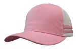 A pink trucker cap with striped accents and a mesh back. It also features a logo on the front.