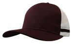 A deep fit trucker cap in burgundy and white with a striped design. The cap features a logo on the front.