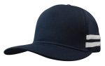 A navy trucker cap with a twill front and mesh back, featuring white stripes on the side.