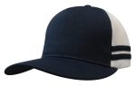 A navy blue and white trucker cap featuring stripes and a deep fit design. It has a logo on the front.