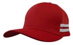 A red trucker cap with a solid front and mesh back, featuring white stripes on the side.