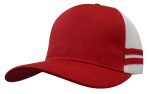 A red trucker cap featuring a solid front and white mesh back with two red stripes, plus a logo.