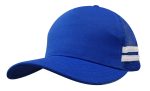 A blue trucker cap featuring a solid front panel and striped mesh sides. It has a curved brim and a logo.