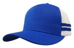 A blue trucker cap with a mesh back, featuring three white stripes on the side and a curved brim.