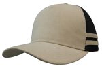 A beige trucker cap featuring black mesh sides and three stripes. The cap has a curved brim and a fitted design.