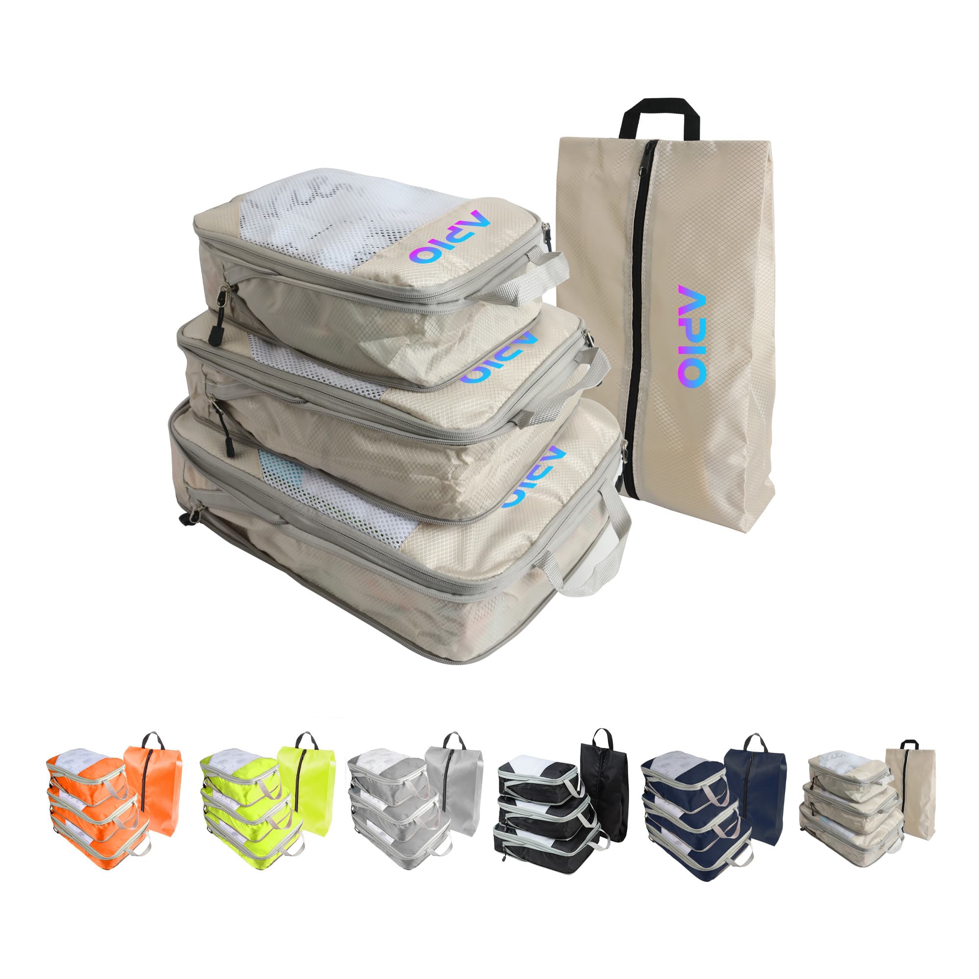 A set of travel packing cubes in various colours, including grey, orange, yellow, and black, with a branded carry pouch. Travel Packing Cubes - Image 1