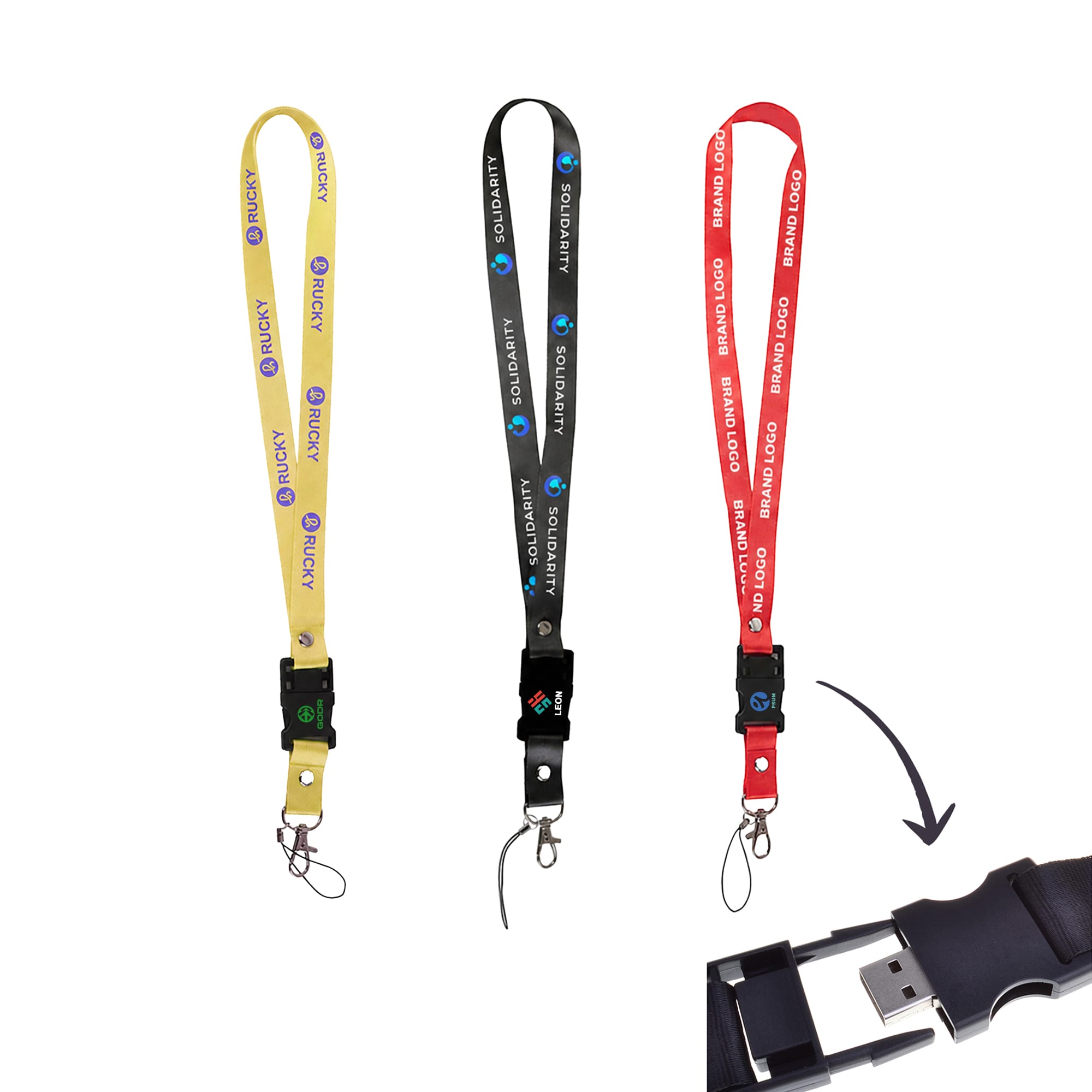 Three lanyard flash drives in yellow, black, and red, featuring clips and a USB connector. Each has a logo. Lanyard Flash Drive - Image 1