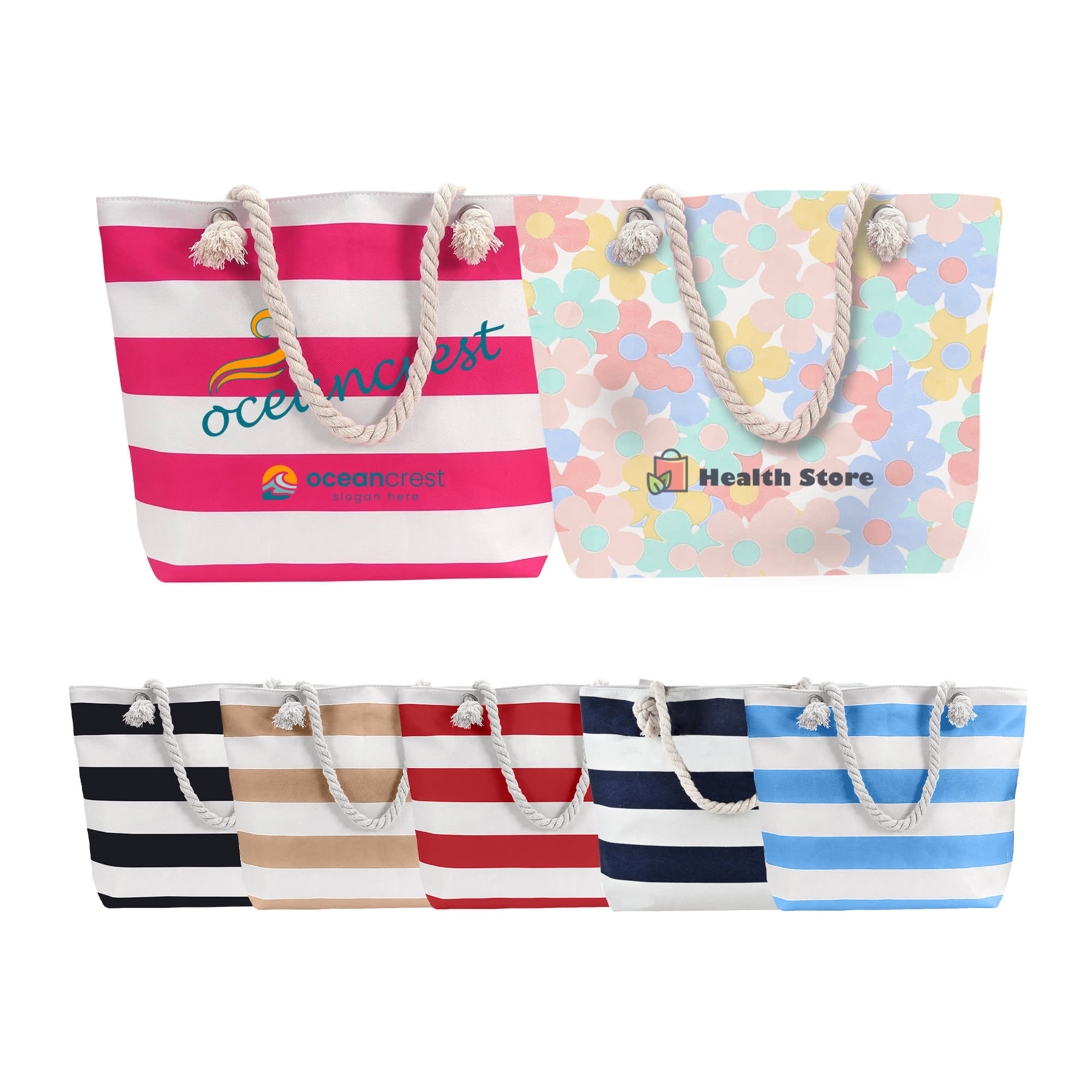 A tote bag with a rope handle, featuring pink and white stripes, along with a floral pattern in pastel colours. Tote Bag with Rope Handle - Image 1