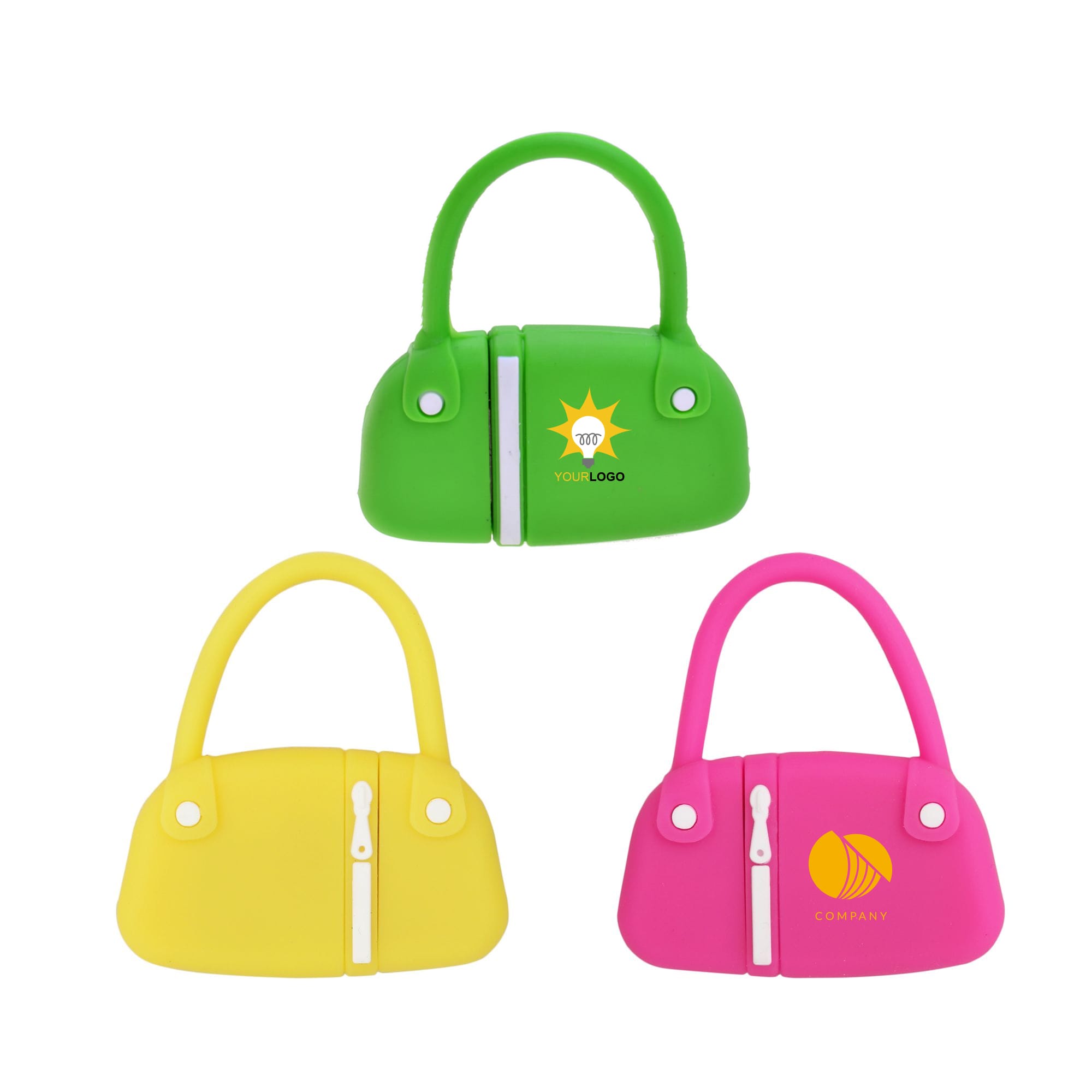 A set of three handbag-shaped flash drives in green, yellow, and pink, each featuring a logo. Hand Bag Flash Drive - Image 1
