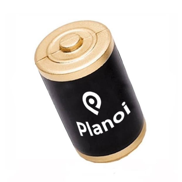 A black and gold battery-shaped stress reliever with a logo on the side. Battery Shape Stress Reliever - Image 1